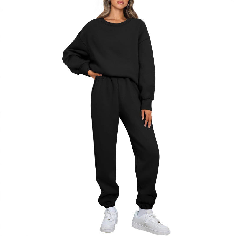 Winter Solid-color Fashionable Crew-neck Pullover With Fleece Lining