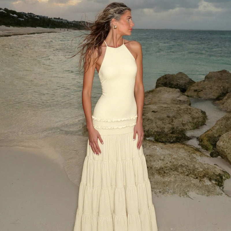 Summer Fashion Backless Halter Pleated Dress