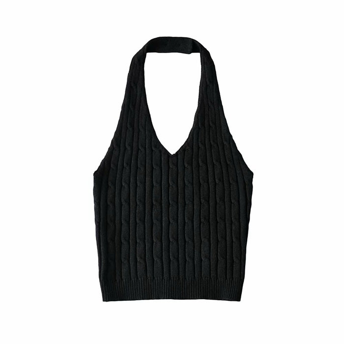 Women's Niche Design V-neck Twist Button Halterneck Vest