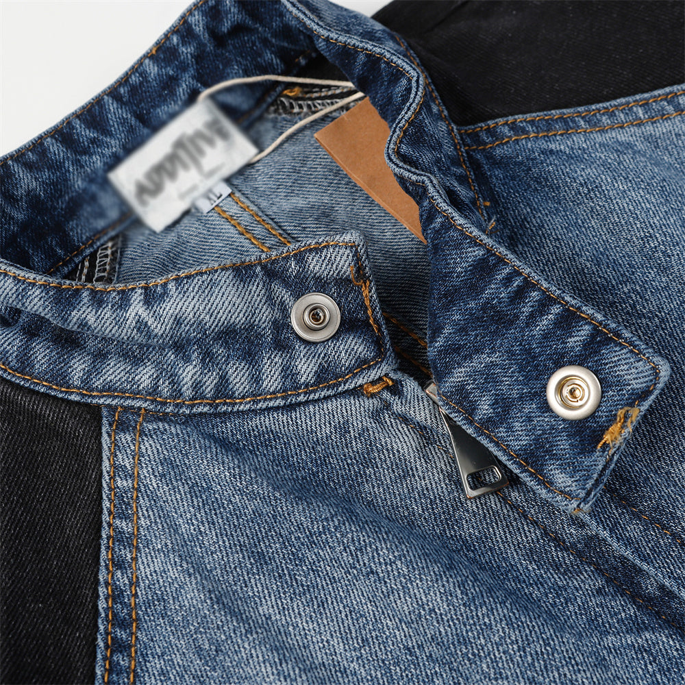 Heavy Industry Distressed Cat Raw-cut Edges Color Matching Machete Sleeve Wash Stand Collar Denim Coat