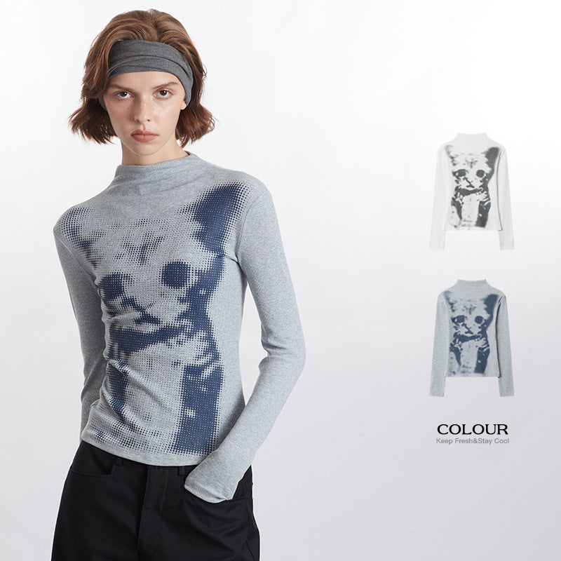 Chessboard Plaid Cat Printing Top Women's Long Sleeve
