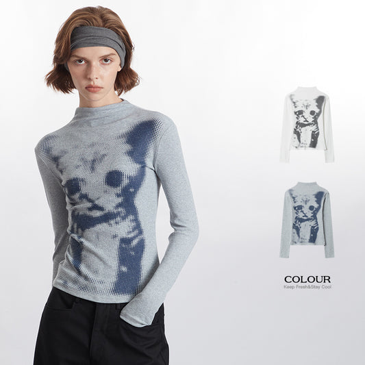 Chessboard Plaid Cat Printing Top Women's Long Sleeve