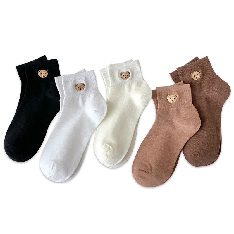 Bear Embroidery Socks Women's Cute Cartoon Teenage Girl Short Tube