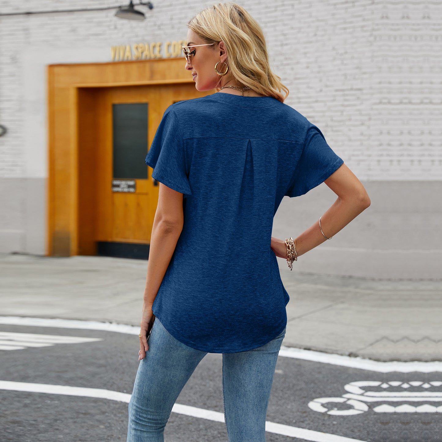 Women's V Neck Flying Sleeve Swallowtail T Shirt Short Sleeved Top