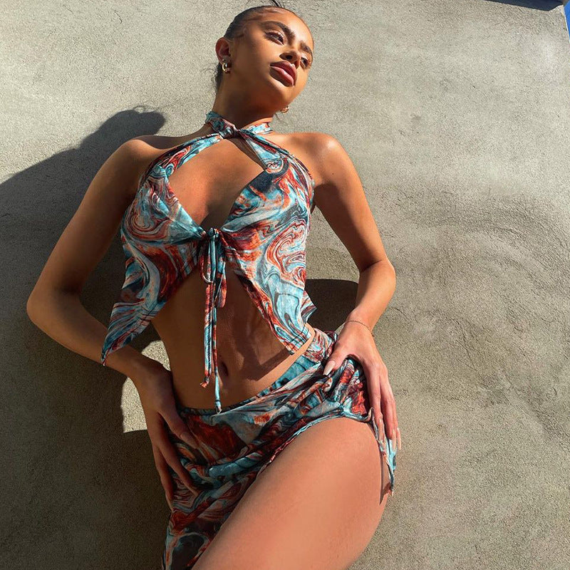 Fashion Printed Strap Neck Hanging Set Skirt