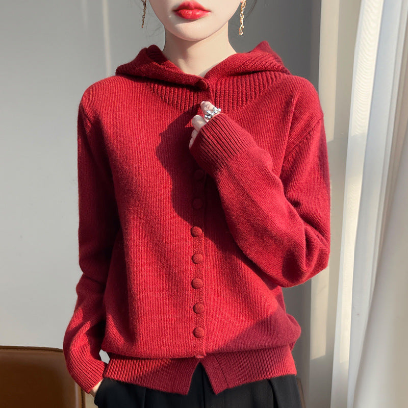 Womens Knitted Sweater Stylish Western Style Solid Color All Match Hooded Knit Cardigan