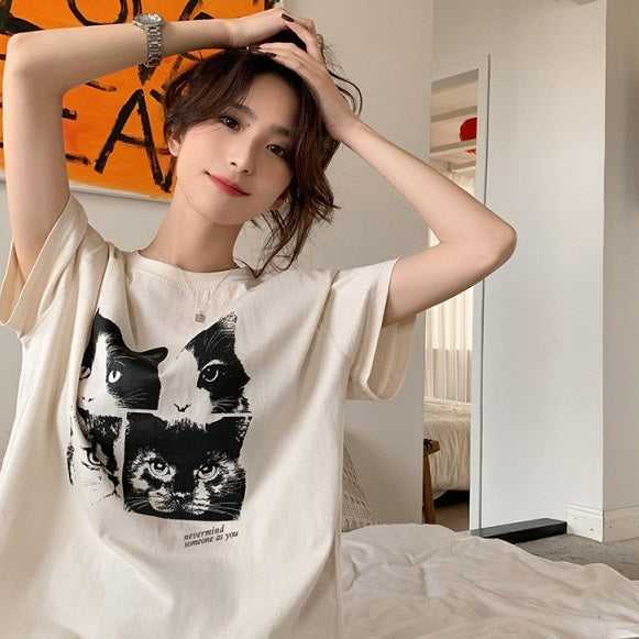 Amerikansk Kat Print Kortærmet T-shirt