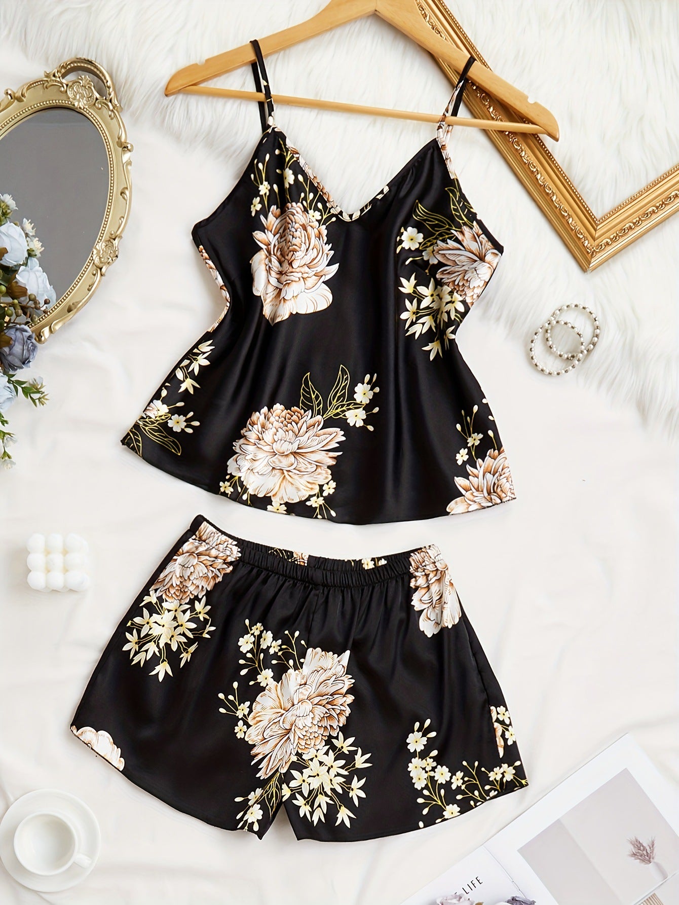 Printed Pajamas Womens Two Piece Set With Camisole And Shorts For Loungewear