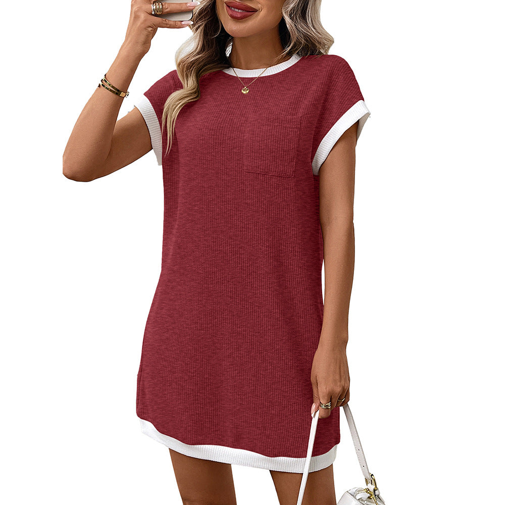 Solid-color Casual Contrast-color Short-sleeve Pocket Dress