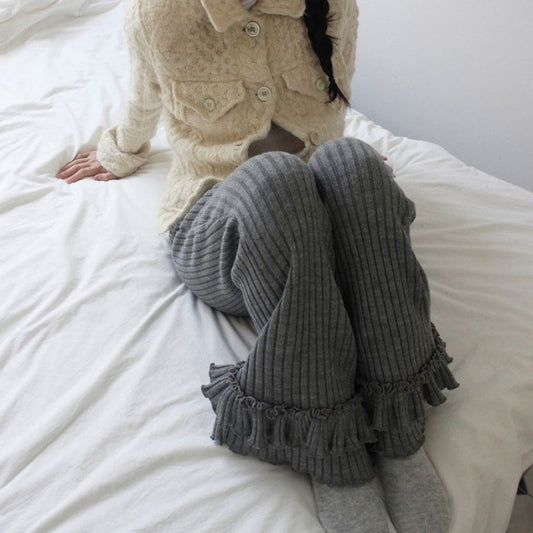 Simple Sunken Stripe Knitted Pleated Layers Of Lace Slim Fit Slimming Bootcut Pants