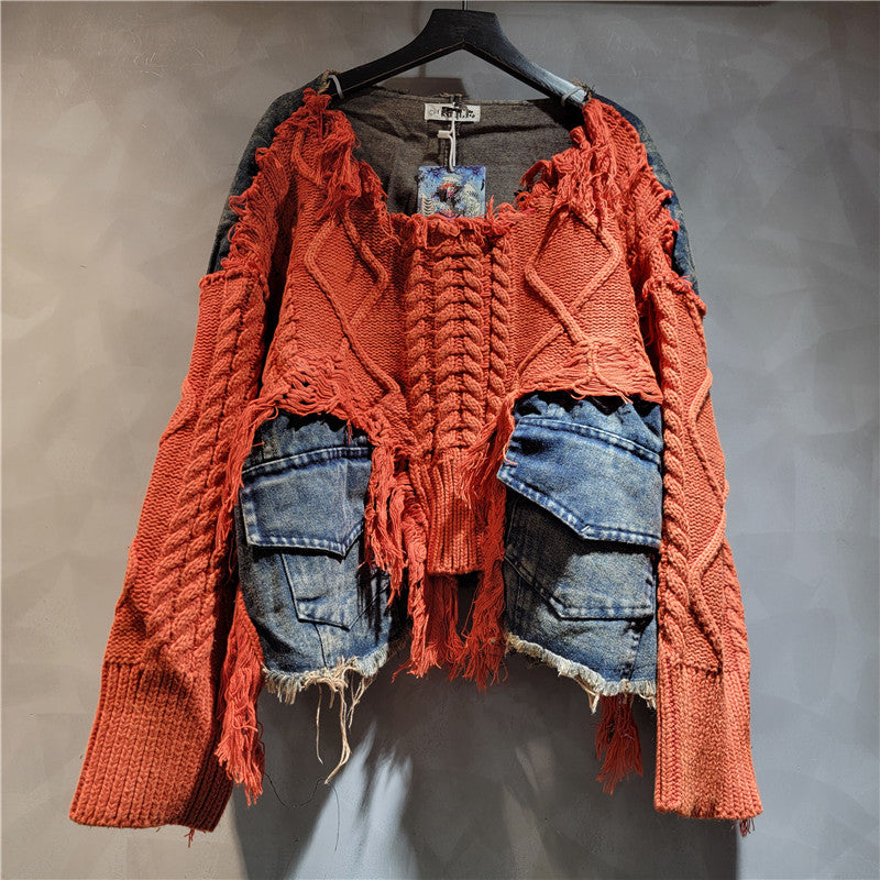 Personality Trendy Twist Weave Stitching Denim Round Neck Sweater