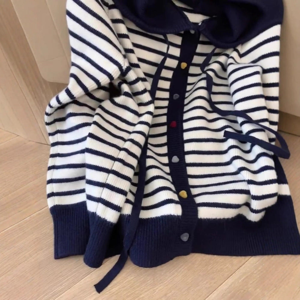 Hooded Color Buckle Knitted Cardigan Loose Western Style Striped Hooded Top