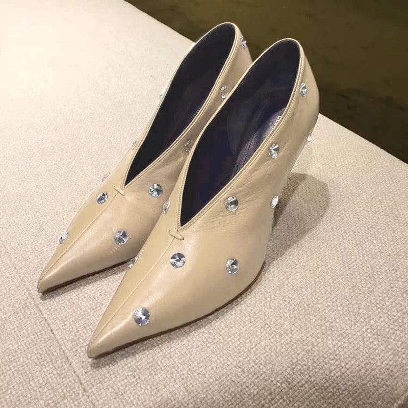 New All-match Diamond-studded Grandma Shoes Tapered Heel Women's Shoes