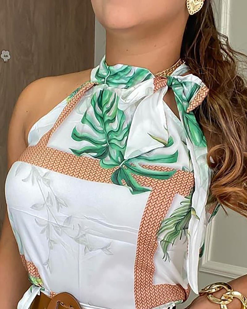 Women's Printed Sleeveless Tie Jumpsuit