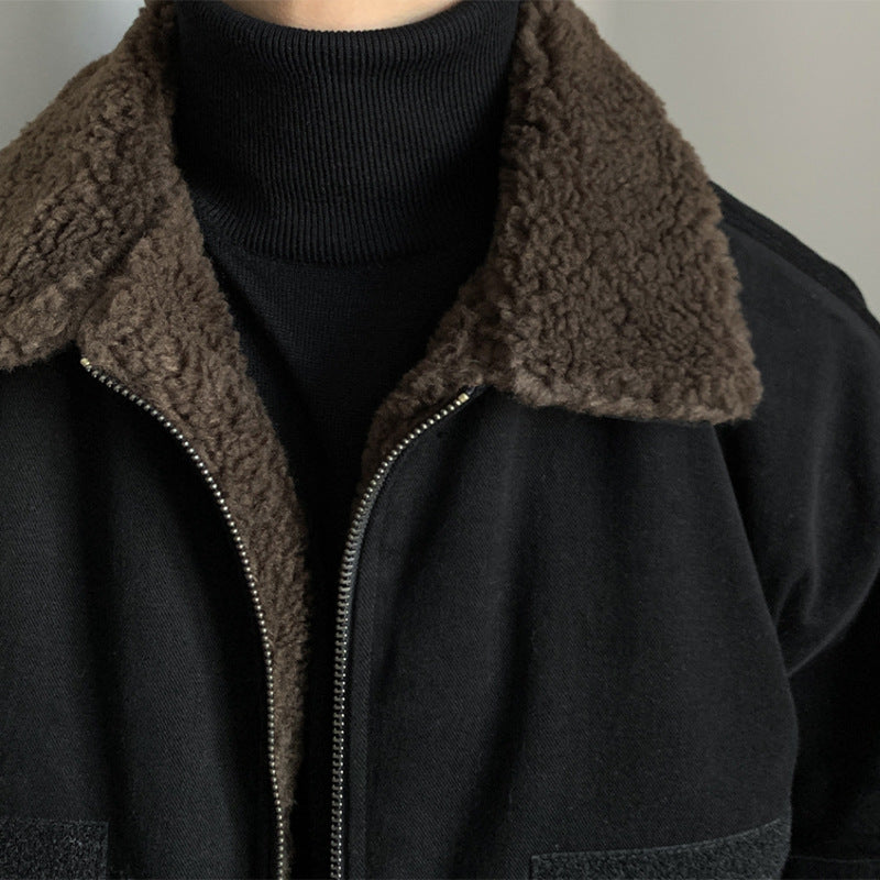 Autumn And Winter Thickening Men's Jacket Casual Korean Retro Pu Shuai Fleece-lined Lamb Wool Lapel Short Coat
