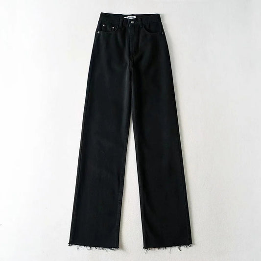 Mopping And Frayed Denim Trousers New High-waisted Loose-fitting Thin Straight And Wide-legged