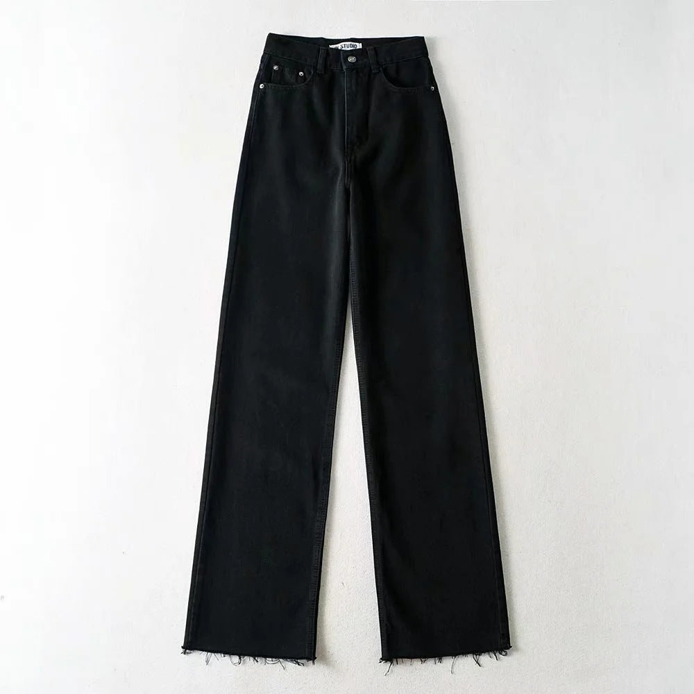 Mopping And Frayed Denim Trousers New High-waisted Loose-fitting Thin Straight And Wide-legged