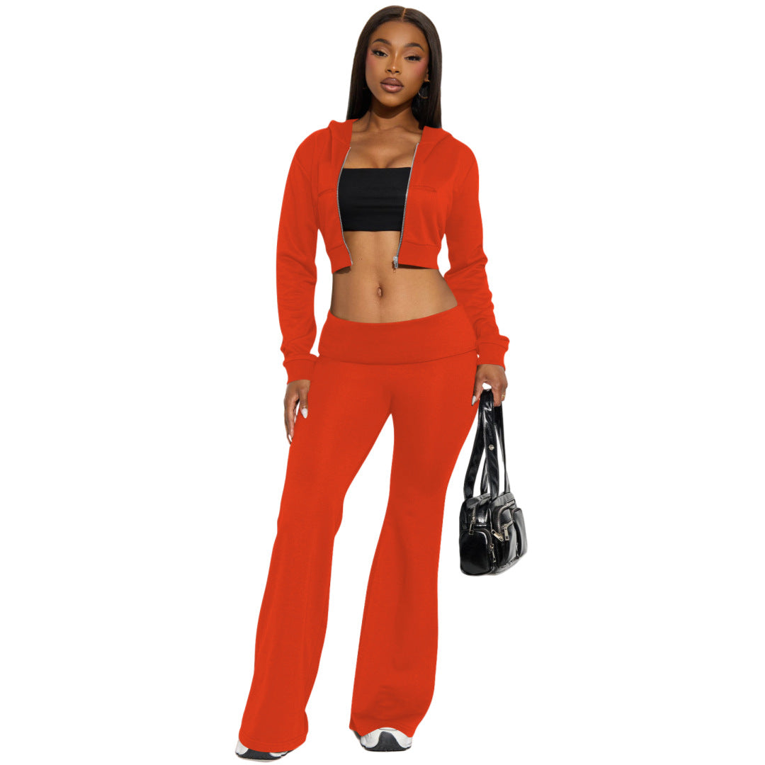 Stylish Casual Solid-color Two-piece Hoodie Cardigan Set