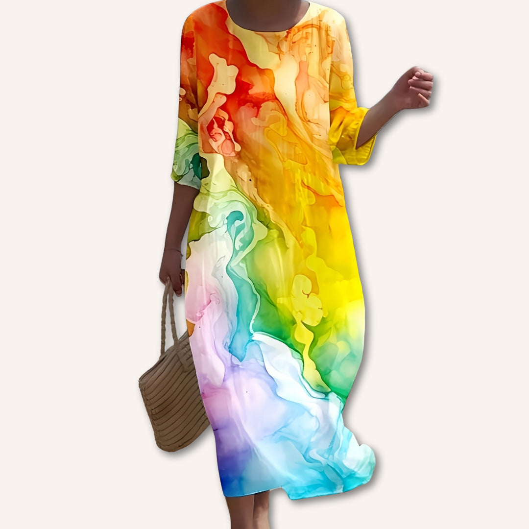 Womens Long Casual Printed Dress With A Crew Neck