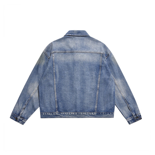 Spring And Autumn Denim Jacket Men's Washed Wear-White Ripped