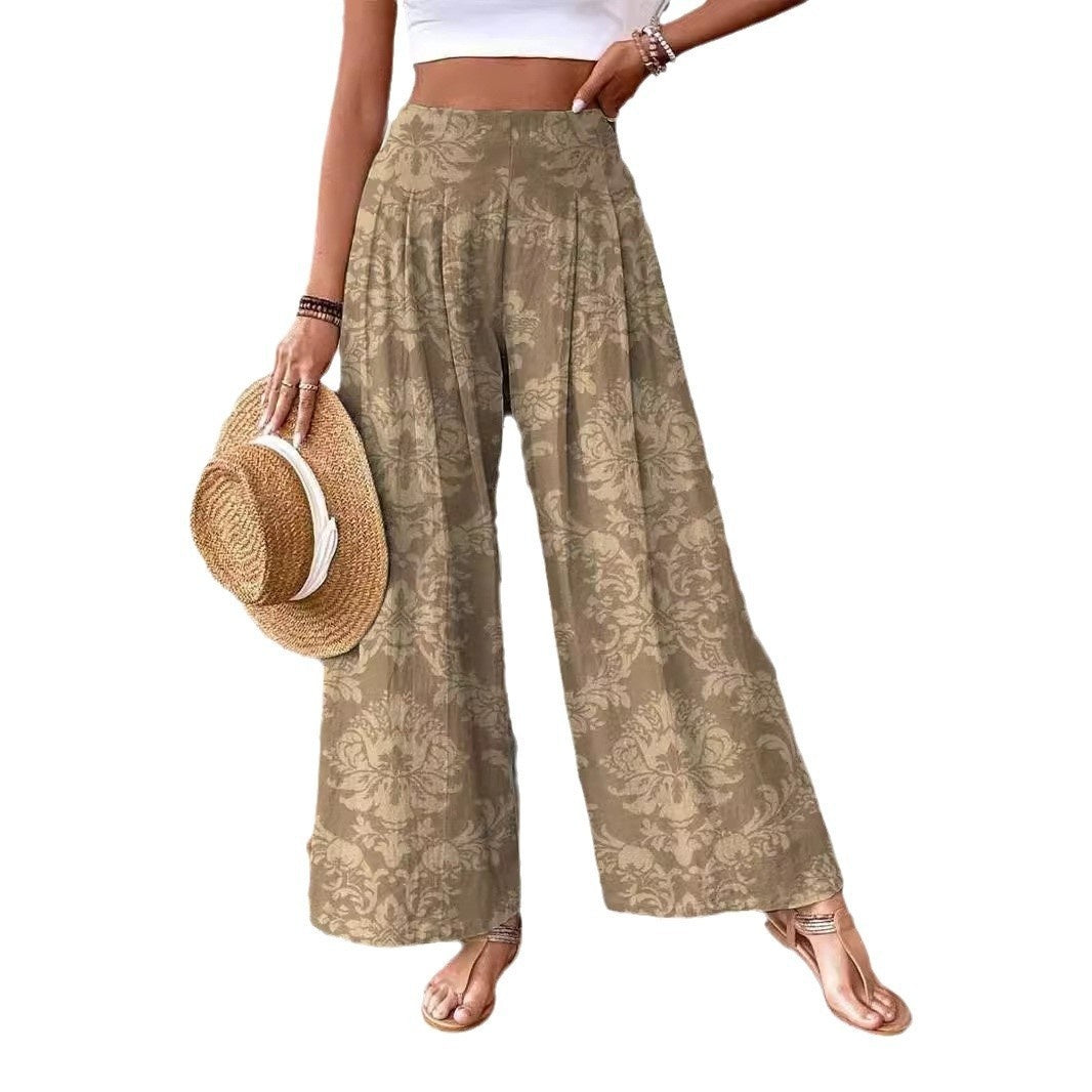 3D Floral Print Pattern Elegant High-waisted Wide-leg Women's Pants