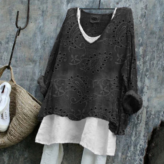 Vintage Western Paisley Floral Lace Linen Blend Long-sleeve Top