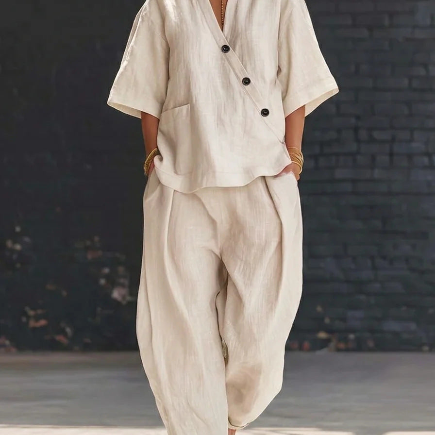 V-neck Loose-fit Short-sleeve Top And High-waist Trousers Two-piece Set