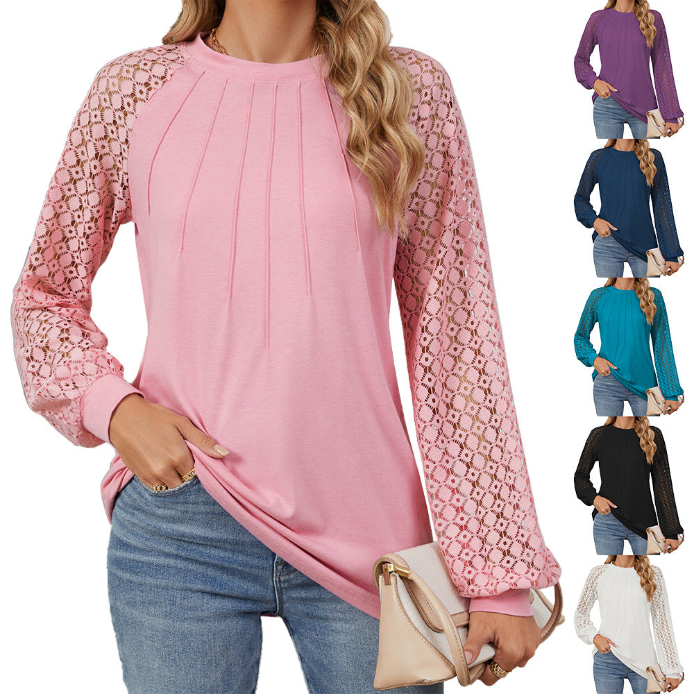 Ny blondelangærmet T-shirt med rund hals, moderigtig løs ensfarvet pullover-top til dametøj