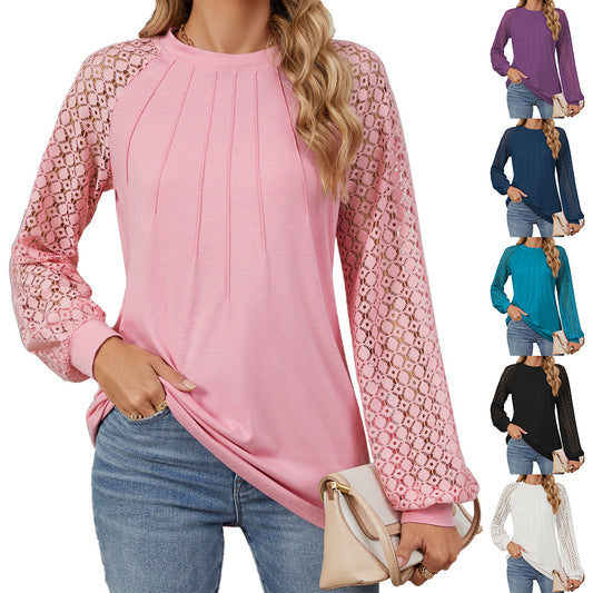 Ny blondelangærmet T-shirt med rund hals, moderigtig løs ensfarvet pullover-top til dametøj