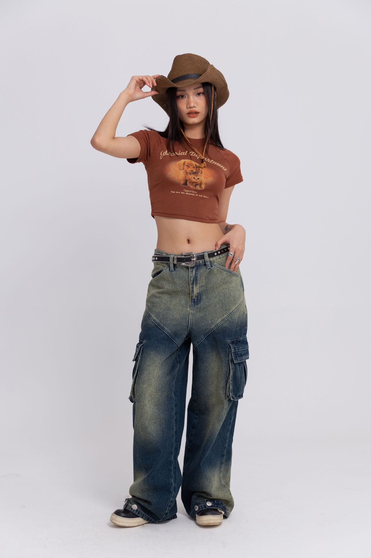 Unisex Street Fashion Loose Wash Workwear Denim Trousers