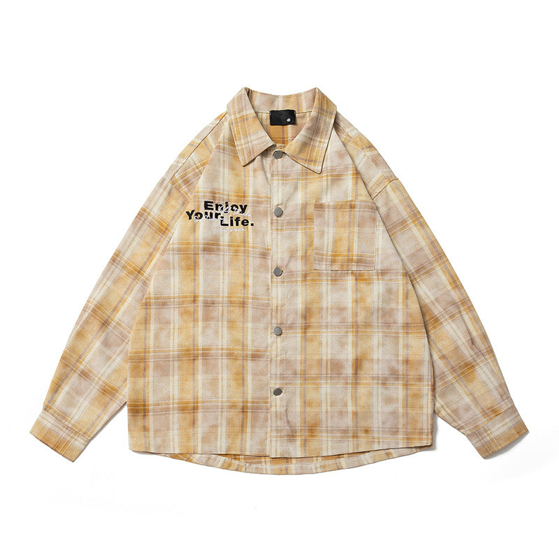 American-style Retro Alphabet Embroidered Plaid Long-sleeved Shirt