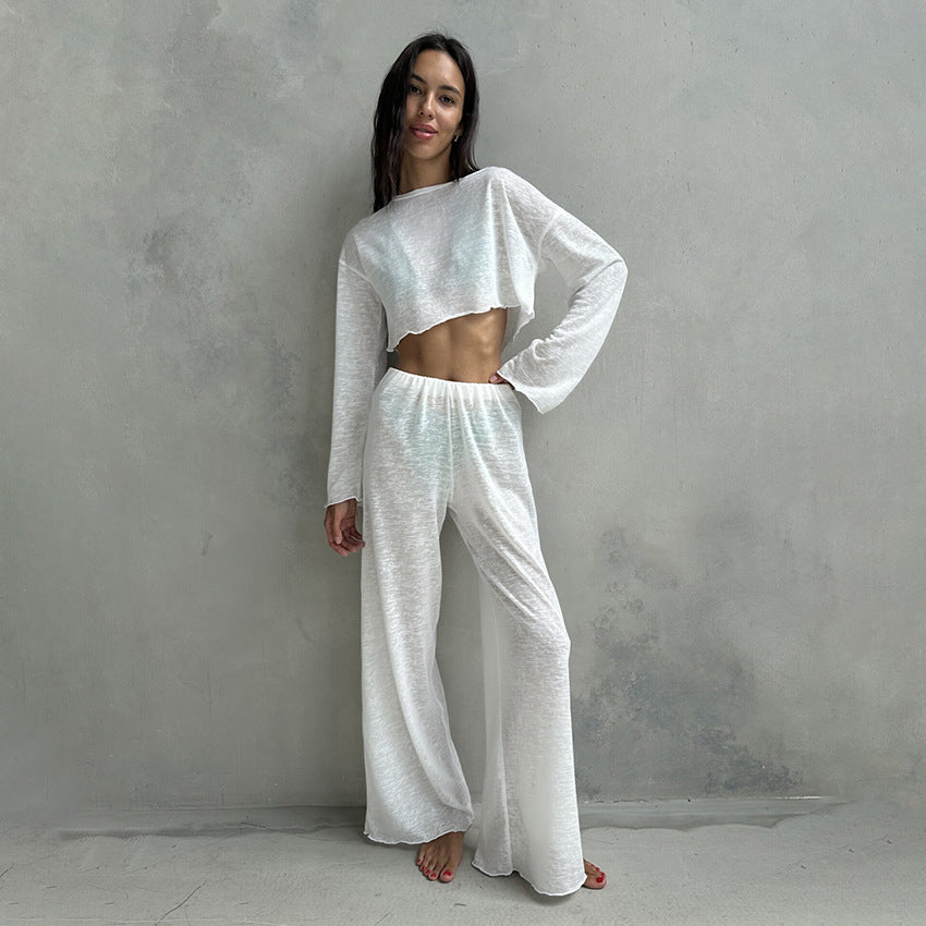 Women's Knitted Crew-Neck Pajama Set With Long Sleeves And Long Pants Two Pieces