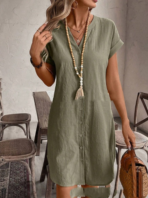 Color Cotton-linen V-neck Button-up Loose Casual Dress