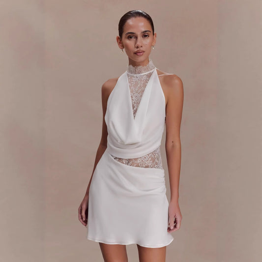 New Neck-hanging Lace-spliced Satin Dress Short Skirt
