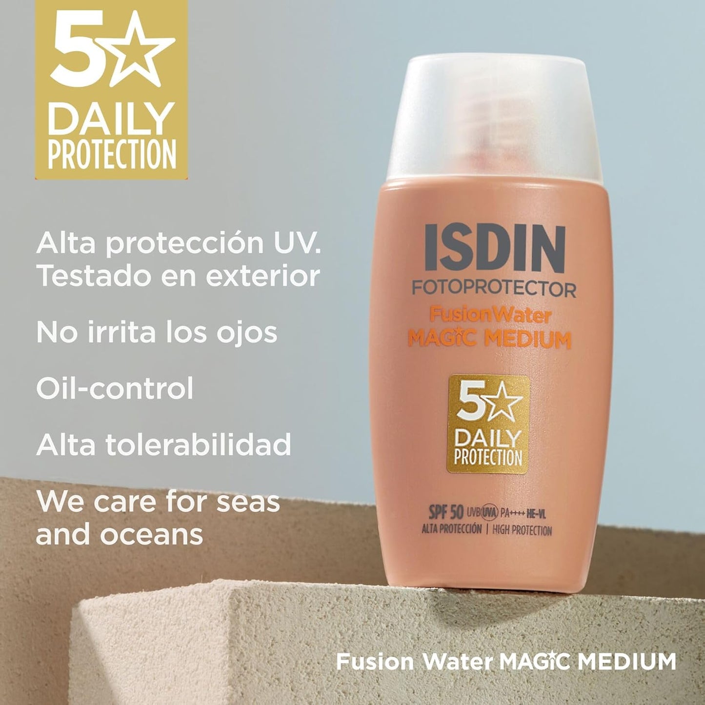 ISDIN Fusion Water Magic Color SPF 50, Protector Solar Facial De Uso Diario Ultraligero Con Color, 3 Tonos Disponibles, 50Ml