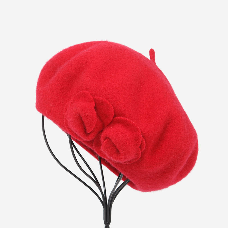 Beret Woolen Hat With Flowers To Keep Warm