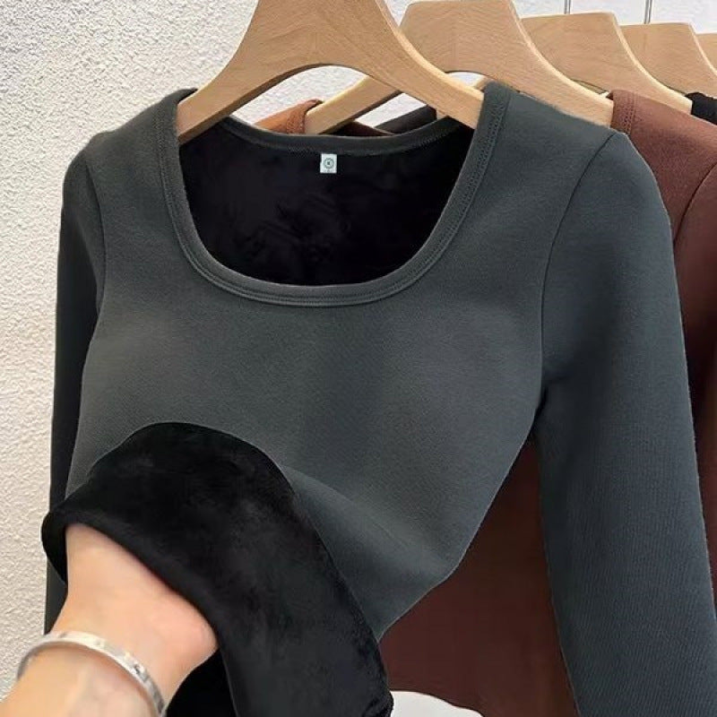 Fleece-lined Square Collar Bottoming Shirt Women's Keep Warm Pure Color Slim Fit
