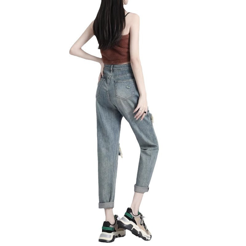 Ripped Daddy Jeans For Women Spring And Autumn New High Waist Loose Small