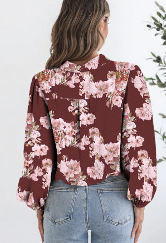 Brown Floral Puff Sleeve Lightweight Shirt