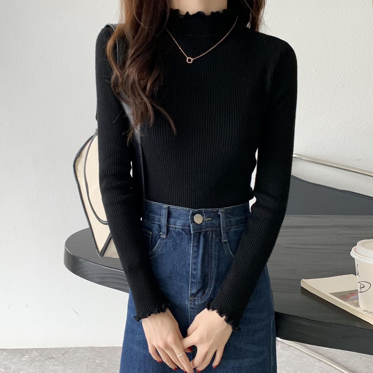 Half High Collar Inner Lining Bottom Sweater Slim Fit Fit Long Sleeved Sweater