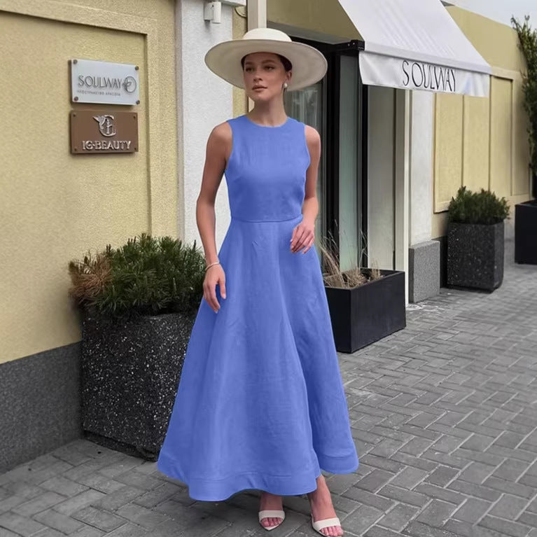Womens Blue Crew-Neck Cotton-Linen Dress, Tank-Style Long Skirt