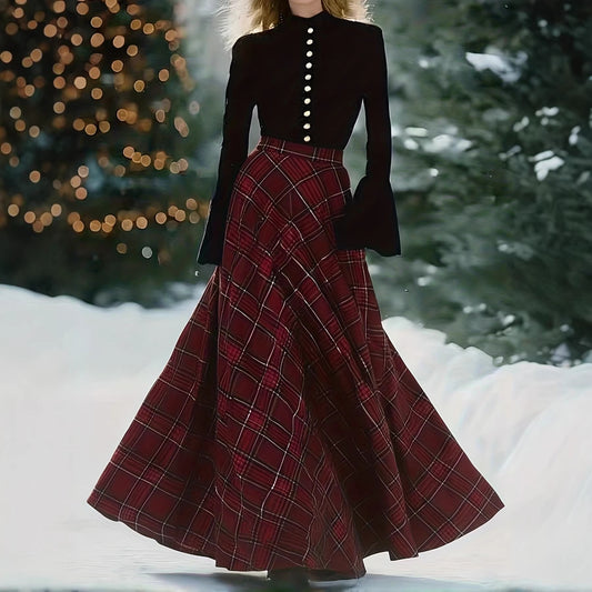 Red Plaid Maxi Skirt With A High Waist In A Vintage British Style