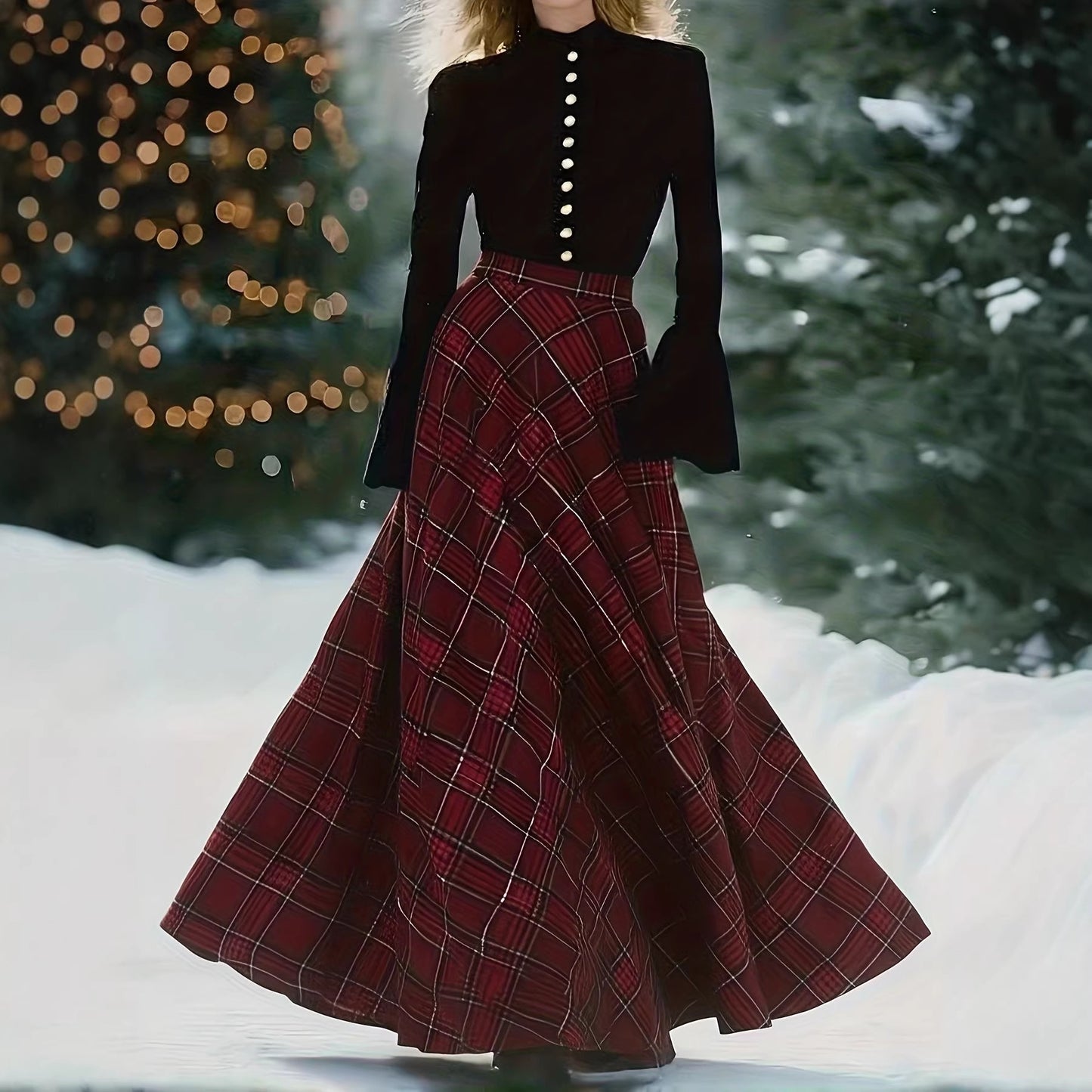 Red Plaid Maxi Skirt With A High Waist In A Vintage British Style