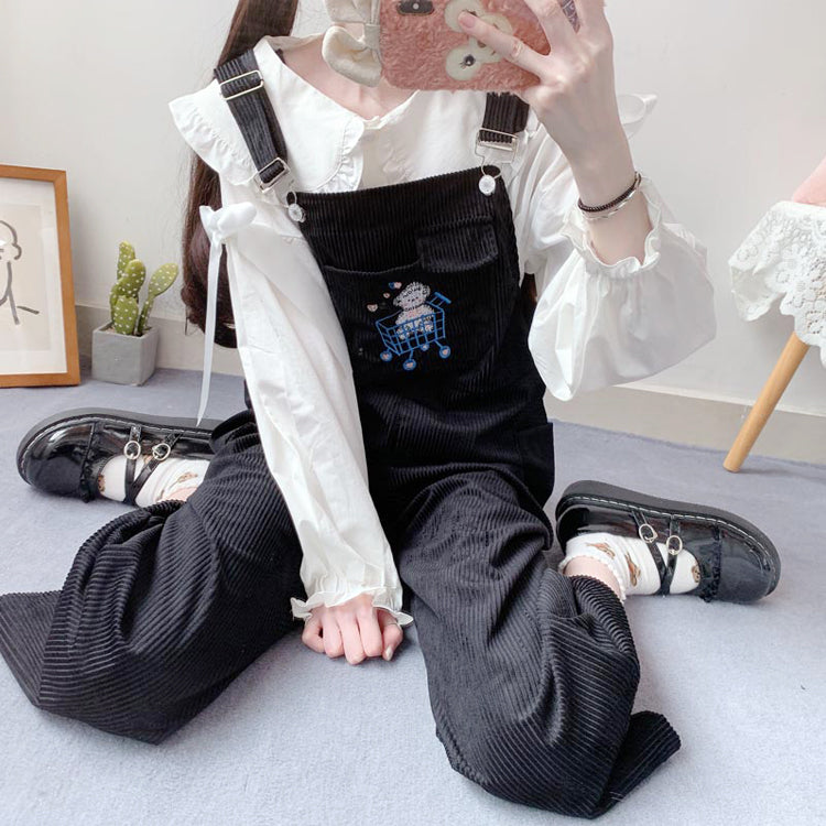 Korean Student Girl Corduroy Overalls Shopping Cart Embroidery Straight Leg Casual Trousers Women