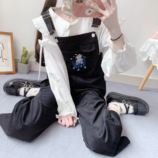 Korean Student Girl Corduroy Overalls Shopping Cart Embroidery Straight Leg Casual Trousers Women