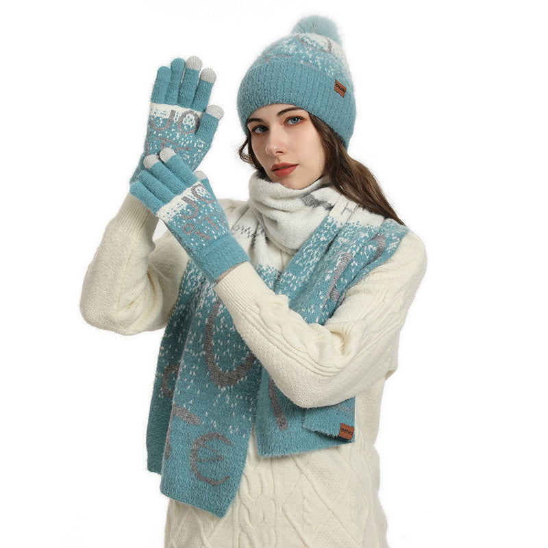 Ladies Jacquard Thickened Faux Mink Scarf Hat Gloves Three-Piece Set