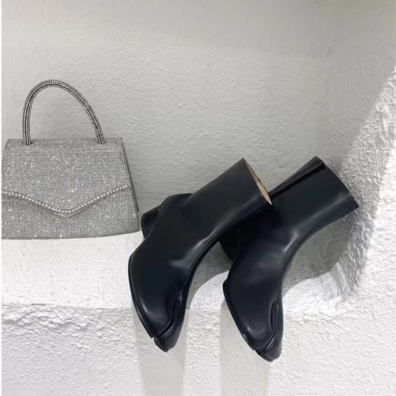 Split-toe Shoes Female Mid Heel Authentic Leather Chunky Heel Middle Boots