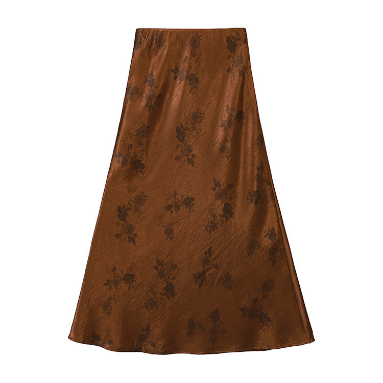 Rose Printed Satin A-line Skirt