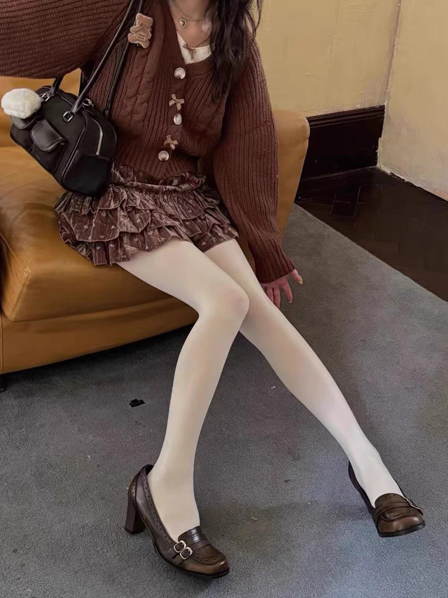 Womens Retro Low-Pressure Coffee Velvet Tights For FallWinter