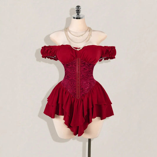 Jacquard Patchwork Ruffled Lotus Leaf Dress